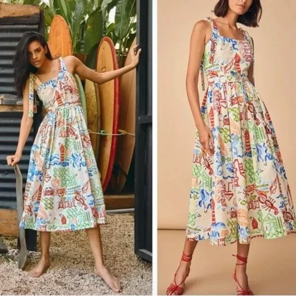 NWT Hunter Bell Quincy Dress in Surfside Nantucket Cape Cod Lighthouse Midi sz 4 - Picture 2 of 4